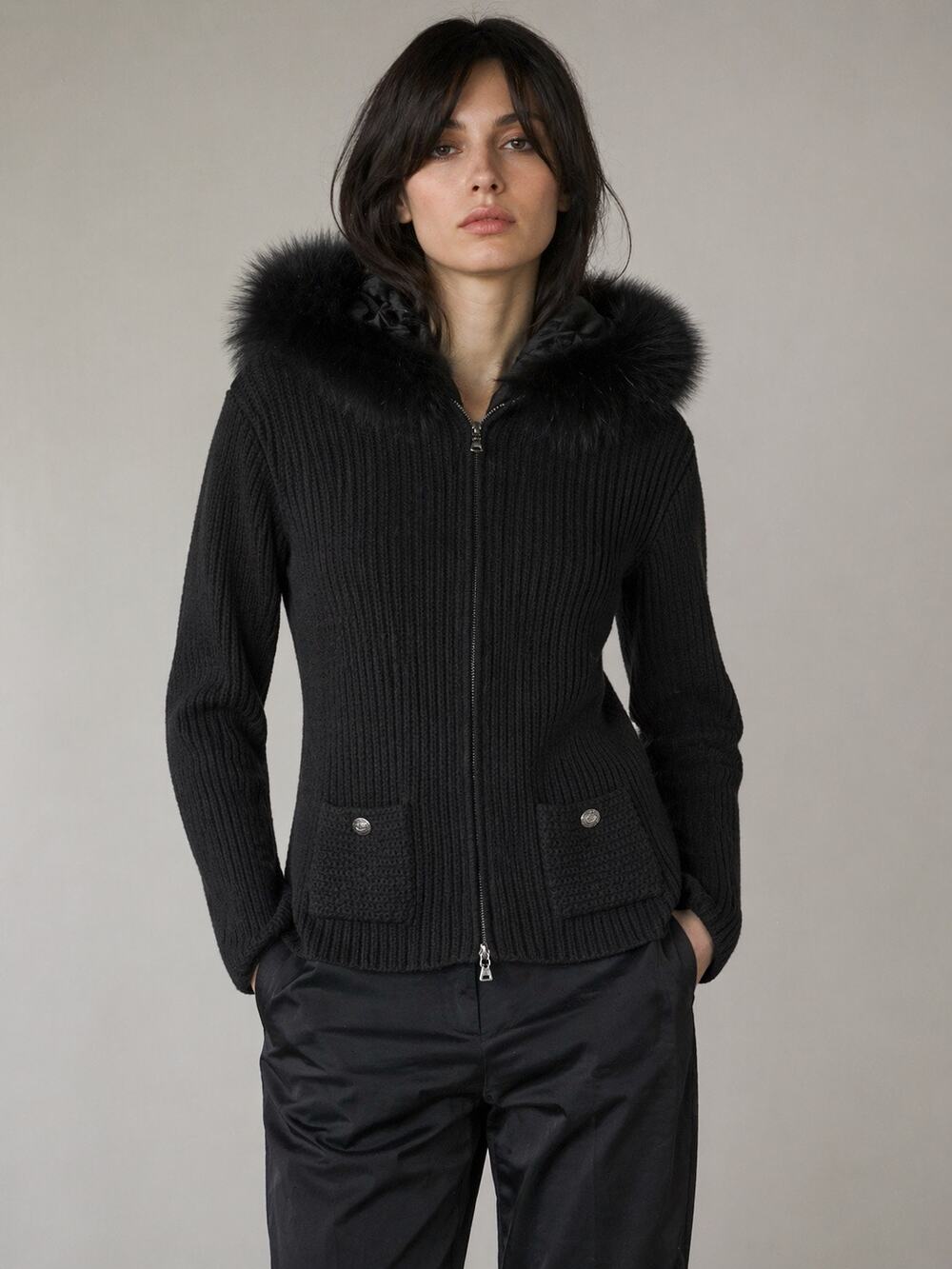 Prada Black Wool Ribbed Zip Jacket w/ Blue Fox Fur Hood IT 38